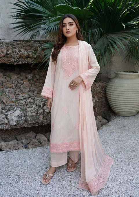 YoloPret - Stitched 3Pc Embroidered Plain Lawn with Embroidered Border Chiffon Dupatta JASHAN-S25-0024