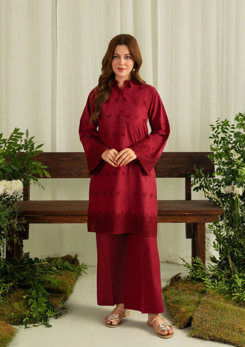 YoloPret - 2pc Schiffli Embroidered Cambric Maroon Set