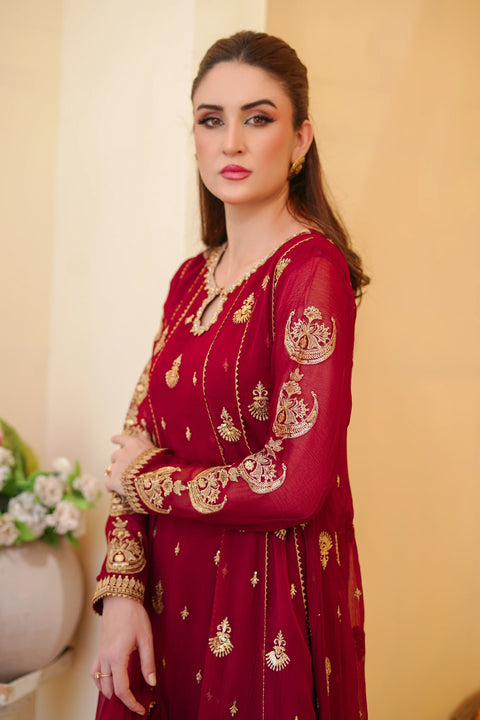 Ayesha Closet - Surtaal 3Pcs Pret Chiffon Embroidered Maroon