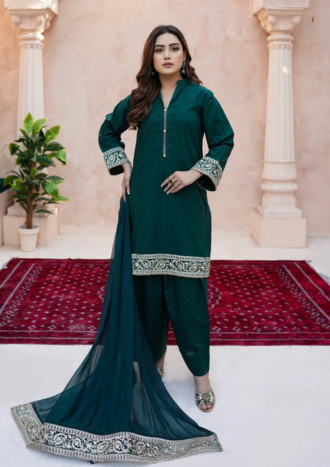 Yolopret - Stitched 3Pc Embroidered Plain Lawn With Embroidered Border Chiffon Dupatta Jashan - S25 - 0025