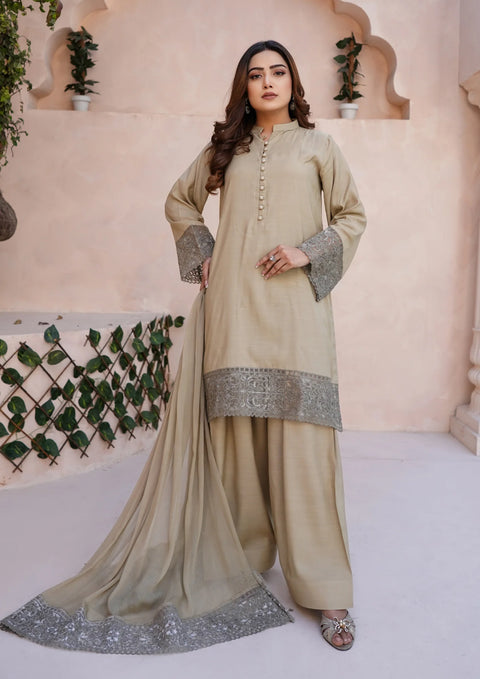 YoloPret - Stitched 3Pc Embroidered Raw Silk with Farshi Shalwar with Chiffon Embroidered Bordered Dupatta JASHAN
