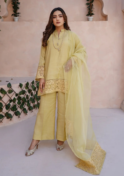 YoloPret - Stitched 3Pc Embroidered Raw Silk with Organza Embroidered Bordered Dupatta JASHAN-S25-00340