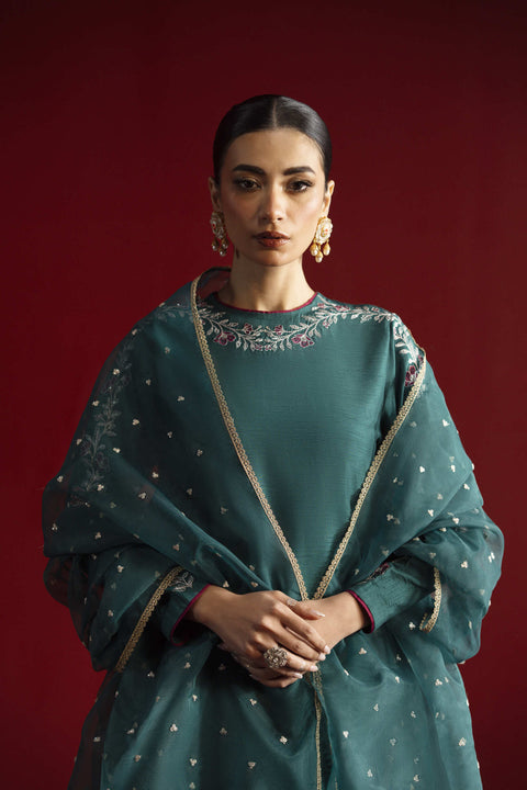 Jahaan - 3PC Stitched Clover Teal Raw Silk