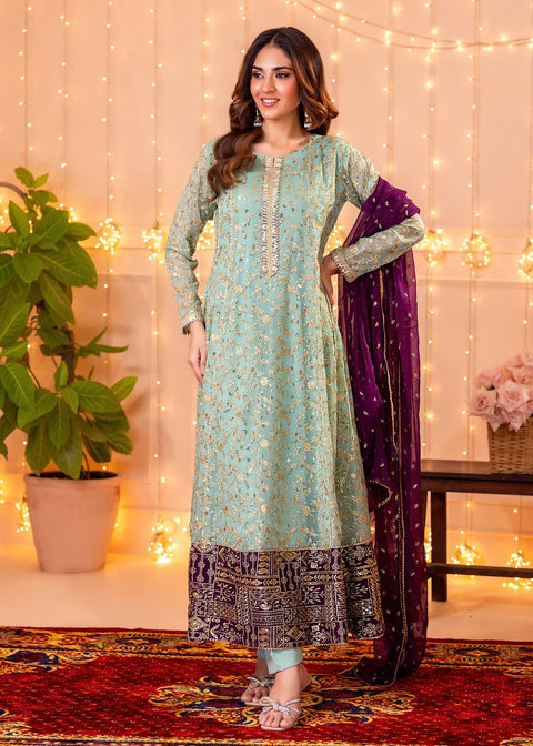 Ayesha Closet - 3 Pc Stitched Hajra Noor Aqua Pakistani Dress