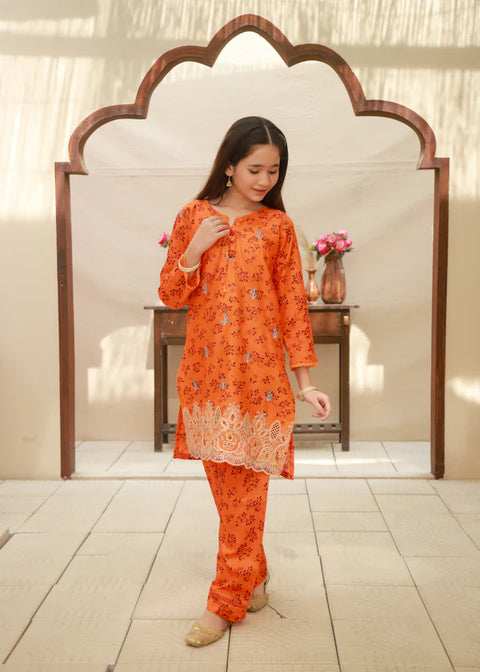 Bright Orange 2pcs Embroided Set KST 156