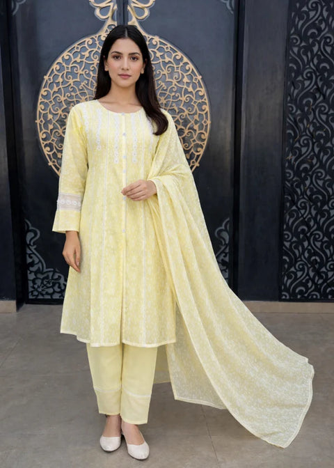 3 Pcs Stitched Frock (Jp40) Lemon
