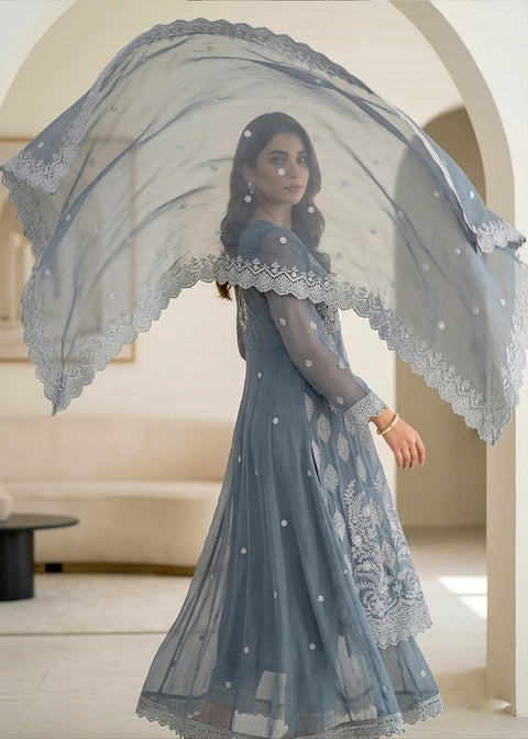 Noor E Silver Light Grey Luxury Embroidered Chiffon 3PC Pishwas SET