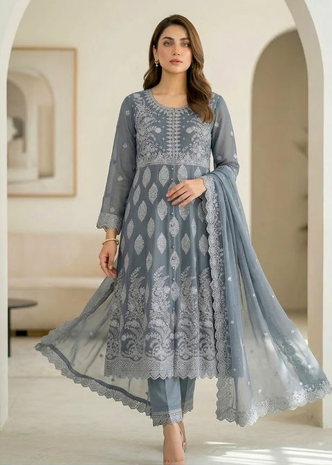 Noor E Silver Light Grey Luxury Embroidered Chiffon 3PC Pishwas SET