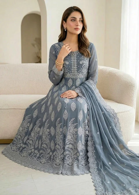 Noor E Silver Light Grey Luxury Embroidered Chiffon 3PC Pishwas SET