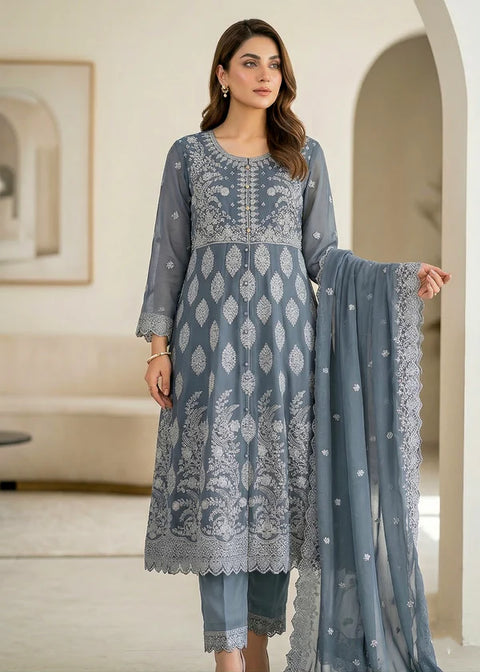 Noor E Silver Light Grey Luxury Embroidered Chiffon 3PC Pishwas SET
