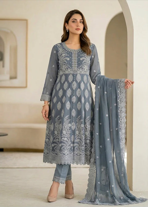 Noor E Silver Light Grey Luxury Embroidered Chiffon 3PC Pishwas SET