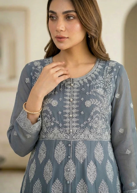 Noor E Silver Light Grey Luxury Embroidered Chiffon 3PC Pishwas SET