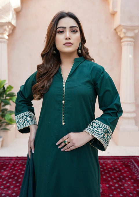 Yolopret - Stitched 3Pc Embroidered Plain Lawn With Embroidered Border Chiffon Dupatta Jashan - S25 - 0025