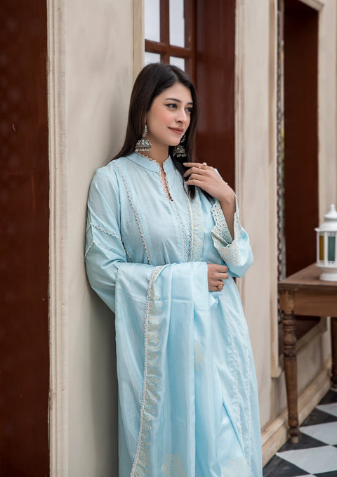 YoloPret - Stitched 3Pc Shiffli Embroidered with Block Printed Tissue Silk Dupatta JASHAN-S25-0069