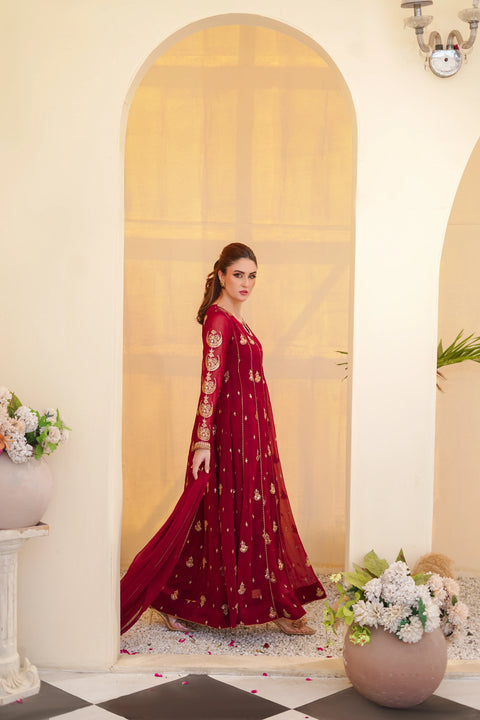 Ayesha Closet - Surtaal 3Pcs Pret Chiffon Embroidered Maroon