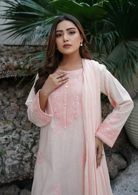 YoloPret - Stitched 3Pc Embroidered Plain Lawn with Embroidered Border Chiffon Dupatta JASHAN-S25-0024