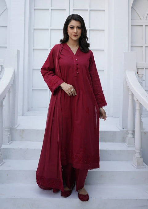 YoloPret - Stitched 3Pc Embroidered Plain Lawn with Embroidered Border Chiffon Dupatta JASHAN-S25-0025