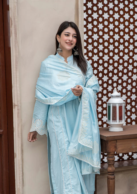 YoloPret - Stitched 3Pc Shiffli Embroidered with Block Printed Tissue Silk Dupatta JASHAN-S25-0069