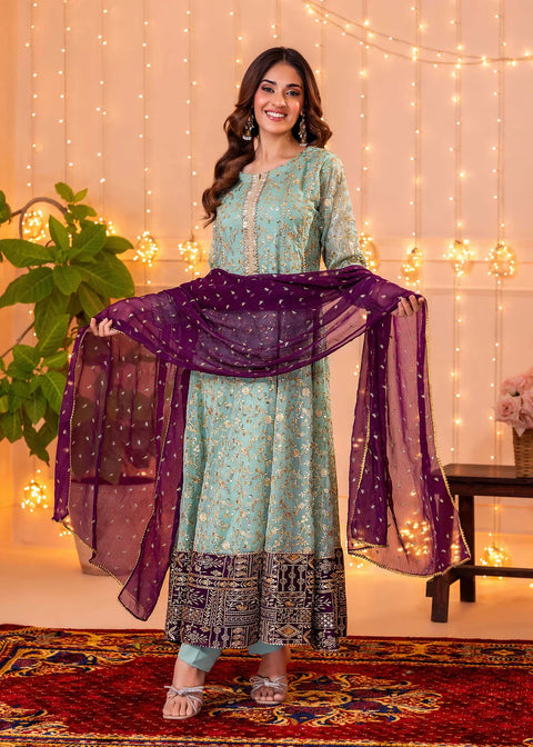 Ayesha Closet - 3 Pc Stitched Hajra Noor Aqua Pakistani Dress
