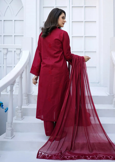 YoloPret - Stitched 3Pc Embroidered Plain Lawn with Embroidered Border Chiffon Dupatta JASHAN-S25-0025