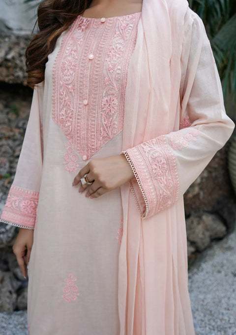 YoloPret - Stitched 3Pc Embroidered Plain Lawn with Embroidered Border Chiffon Dupatta JASHAN-S25-0024