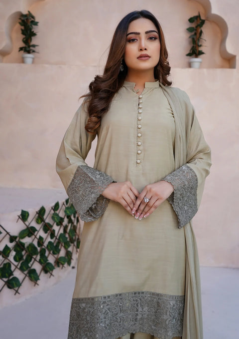 YoloPret - Stitched 3Pc Embroidered Raw Silk with Farshi Shalwar with Chiffon Embroidered Bordered Dupatta JASHAN