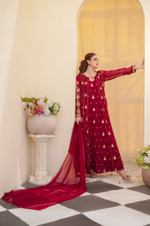 Ayesha Closet - Surtaal 3Pcs Pret Chiffon Embroidered Maroon