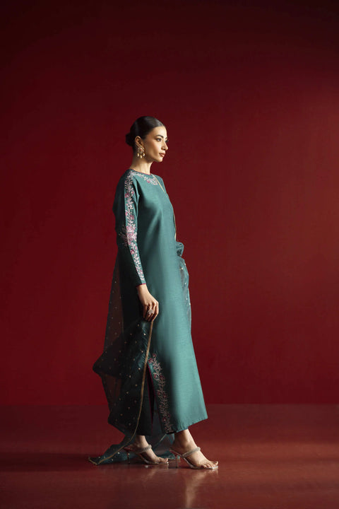 Jahaan - 3PC Stitched Clover Teal Raw Silk