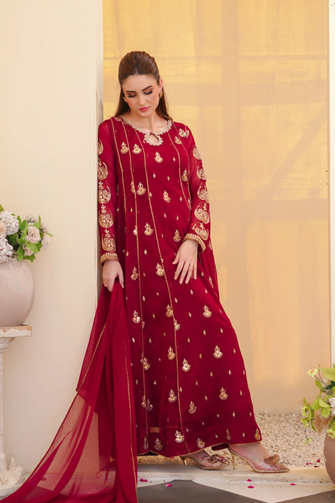 Ayesha Closet - Surtaal 3Pcs Pret Chiffon Embroidered Maroon