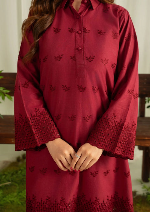 YoloPret - 2pc Schiffli Embroidered Cambric Maroon Set