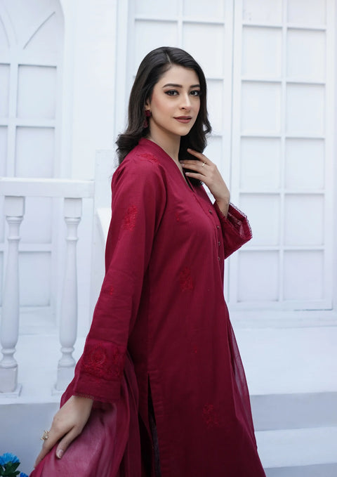 YoloPret - Stitched 3Pc Embroidered Plain Lawn with Embroidered Border Chiffon Dupatta JASHAN-S25-0025