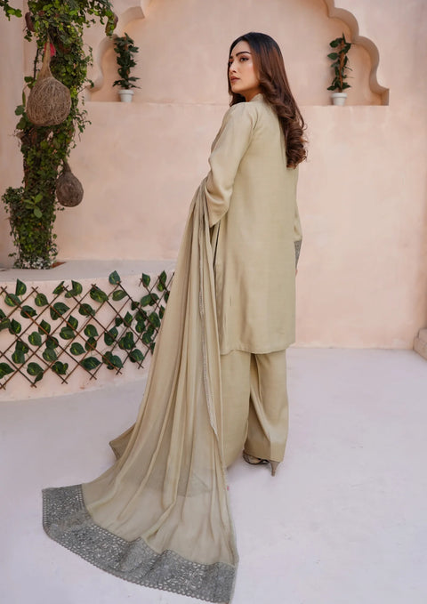 YoloPret - Stitched 3Pc Embroidered Raw Silk with Farshi Shalwar with Chiffon Embroidered Bordered Dupatta JASHAN