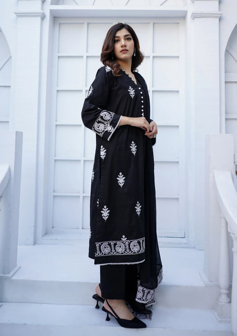 JASHAN Stitched 3Pc Embroidered Lawn Cotton with Embroidered Border Chiffon Dupatta JASHAN
