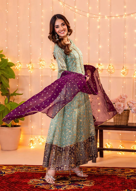 Ayesha Closet - 3 Pc Stitched Hajra Noor Aqua Pakistani Dress