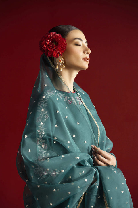 Jahaan - 3PC Stitched Clover Teal Raw Silk