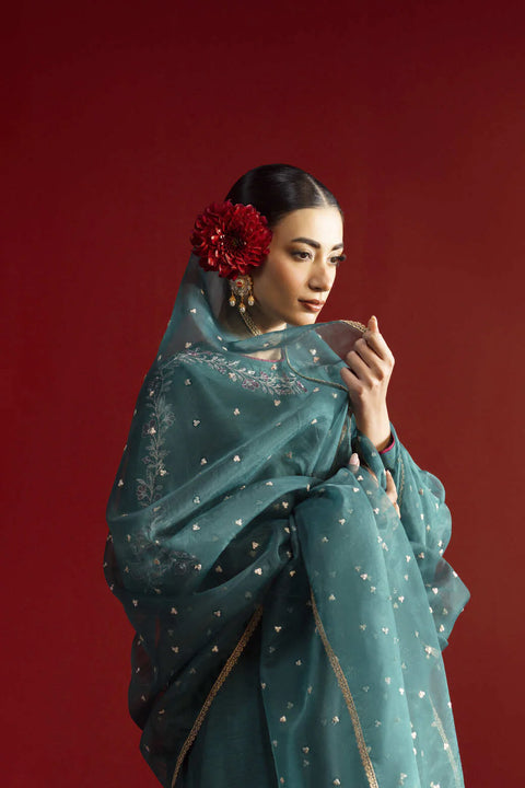 Jahaan - 3PC Stitched Clover Teal Raw Silk