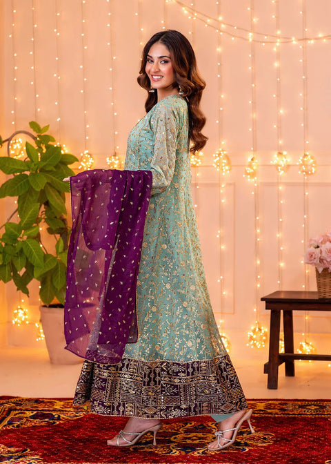 Ayesha Closet - 3 Pc Stitched Hajra Noor Aqua Pakistani Dress