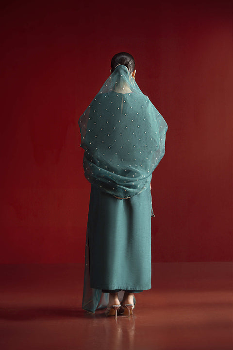 Jahaan - 3PC Stitched Clover Teal Raw Silk