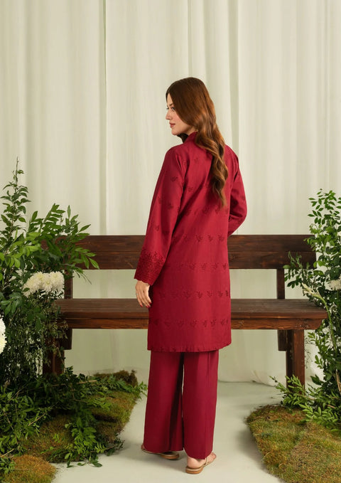 YoloPret - 2pc Schiffli Embroidered Cambric Maroon Set