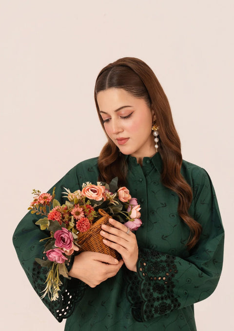 YoloPret - 2pc Schiffli Embroidered Cambric Bottle Green Set Rozana