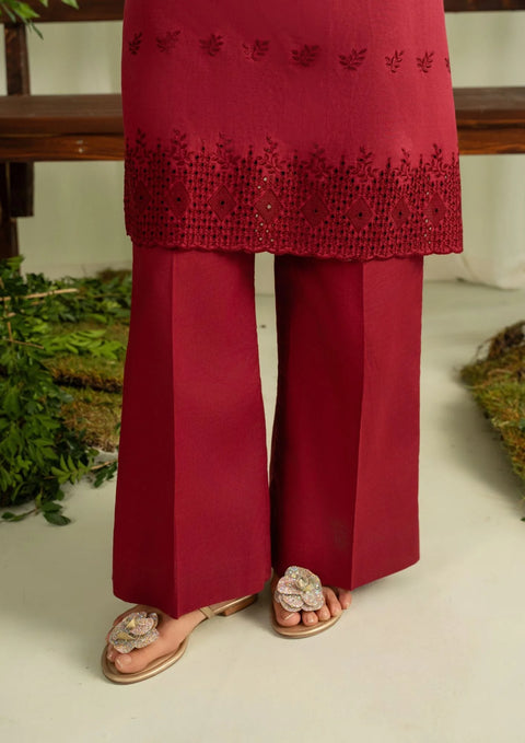 YoloPret - 2pc Schiffli Embroidered Cambric Maroon Set