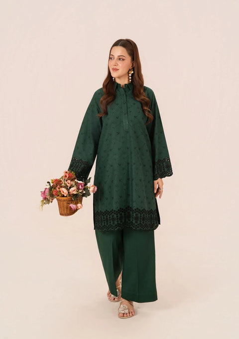 YoloPret - 2pc Schiffli Embroidered Cambric Bottle Green Set Rozana