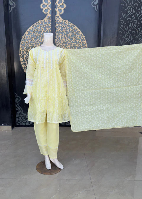 3 Pcs Stitched Frock (Jp40) Lemon