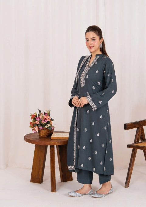 3pc Embroidered Silk Karandi with Embroidered Border Shawl Grey