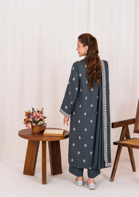 3pc Embroidered Silk Karandi with Embroidered Border Shawl Grey