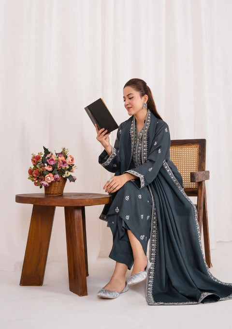 3pc Embroidered Silk Karandi with Embroidered Border Shawl Grey