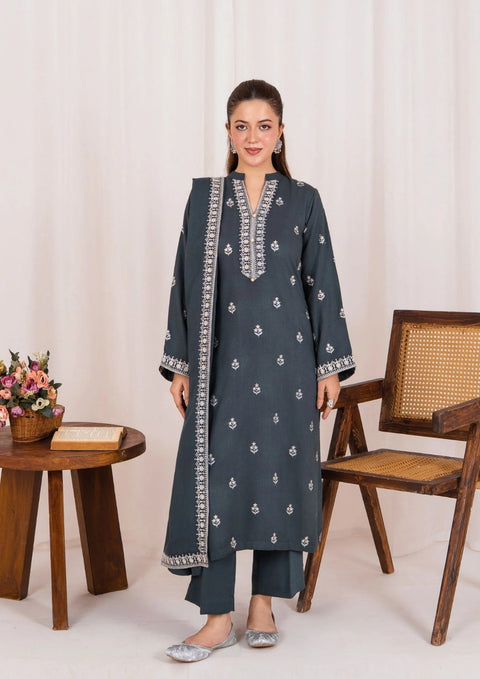 3pc Embroidered Silk Karandi with Embroidered Border Shawl Grey