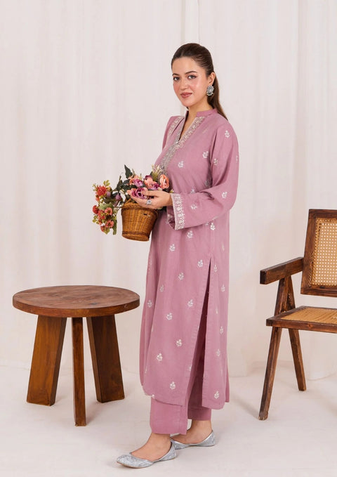 3Pc Embroidered Alpine Karandi With Embroidered Border Shawl Tea Pink