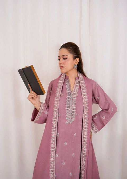 3Pc Embroidered Alpine Karandi With Embroidered Border Shawl Tea Pink