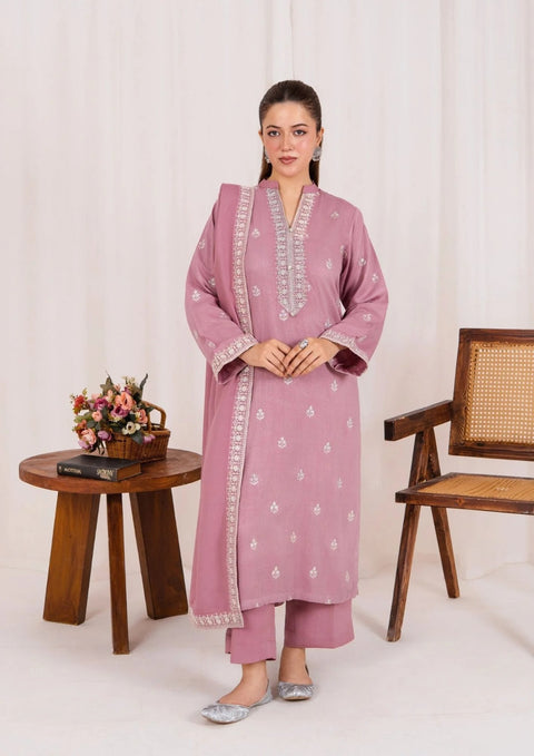 3Pc Embroidered Alpine Karandi With Embroidered Border Shawl Tea Pink